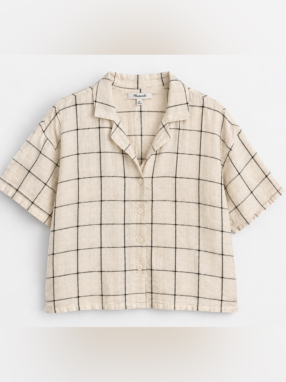 Madewell Windowpane Linen Blend Button Down Shirt | Cream & Black | Size XS